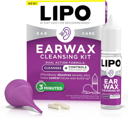 LIPO Earwax Removal Kit - Ear Wax Removal Drops with Bulb Syringe & Ear Plugs - Ear Cleaning Kit for Clogged Ears..