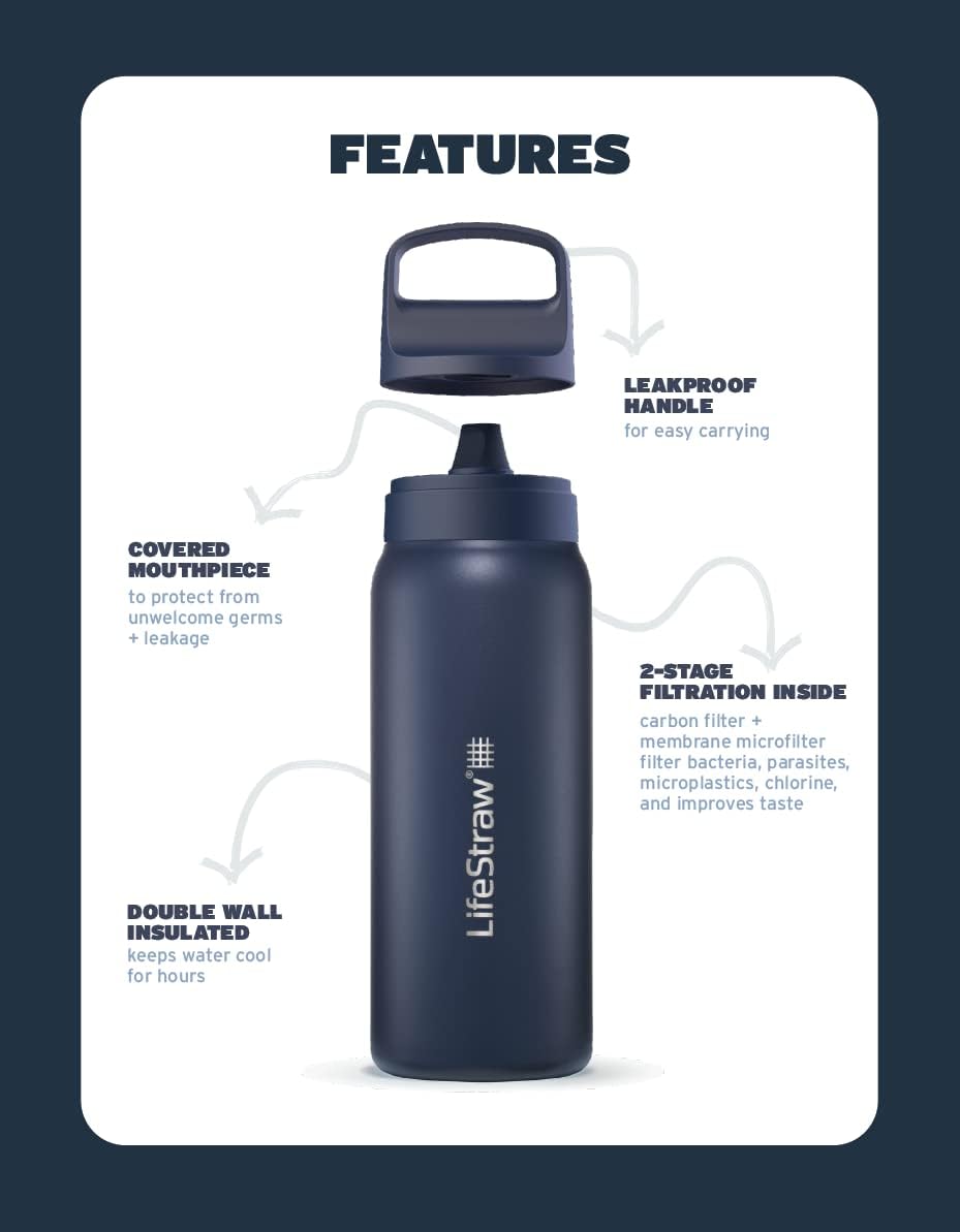 LifeStraw Go Series — Insulated Stainless Steel Water Filter Bottle for Travel and Everyday Use Removes Bacteria