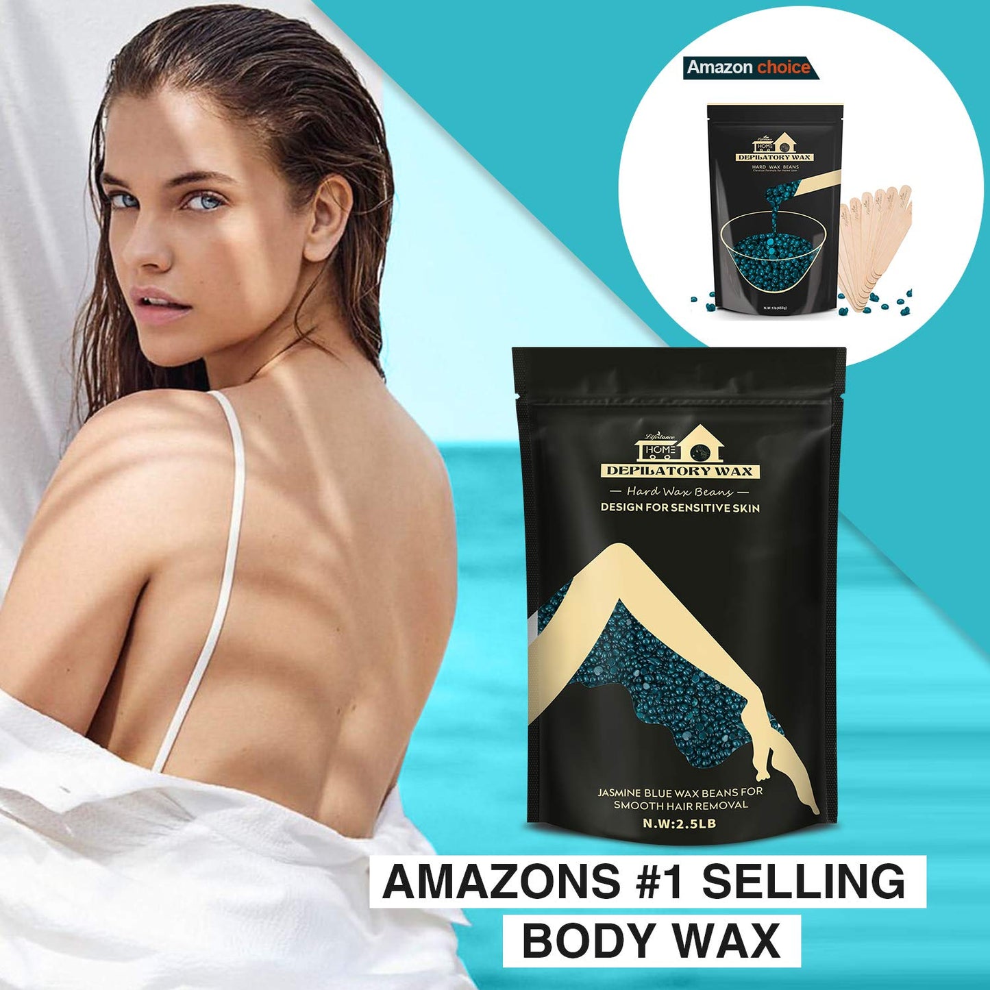 2.5lb Lifestance Hard Blue Brazilian Bikini Wax Kit with 30 Applicators - Pearl Wax Beads for Face, Body, Legs..