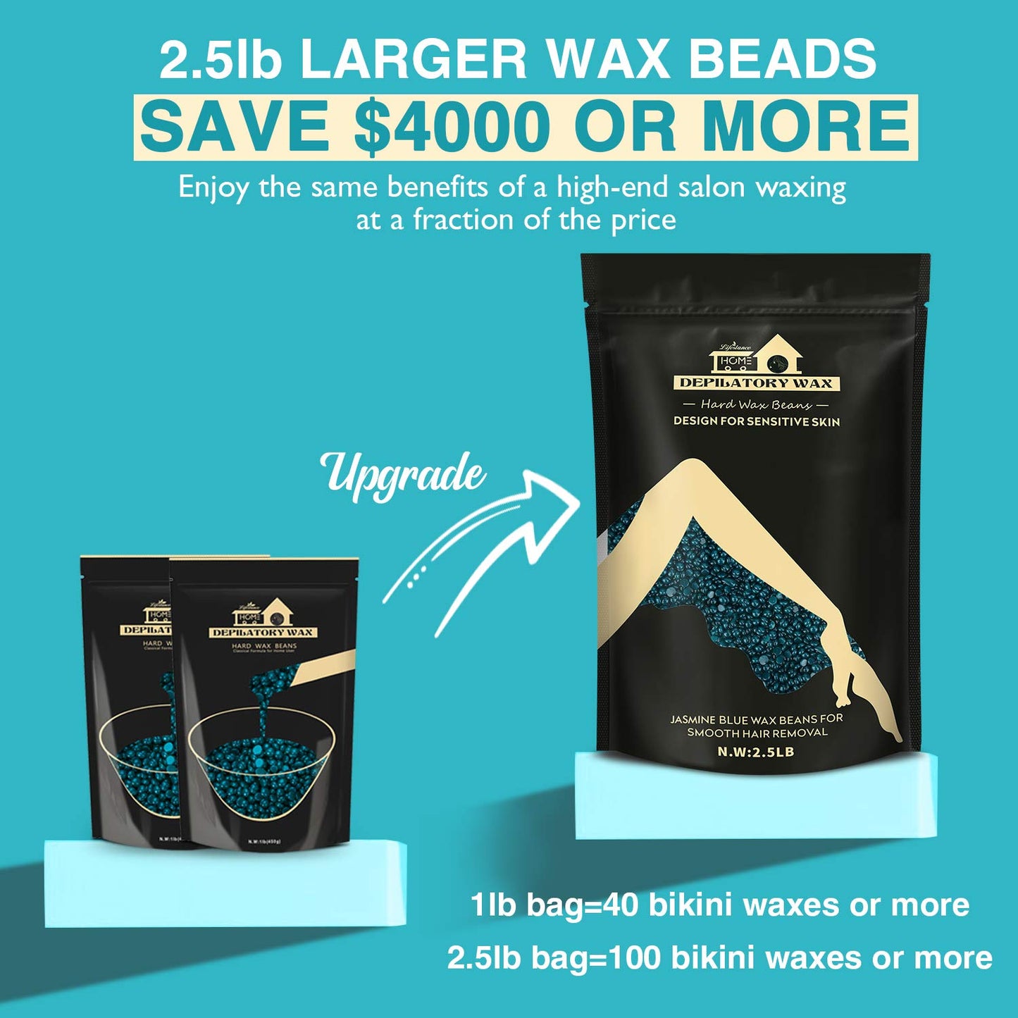 2.5lb Lifestance Hard Blue Brazilian Bikini Wax Kit with 30 Applicators - Pearl Wax Beads for Face, Body, Legs..