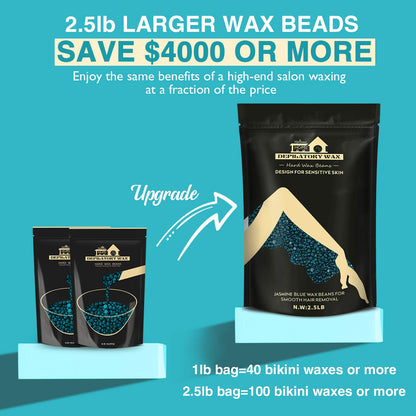 2.5lb Lifestance Hard Blue Brazilian Bikini Wax Kit with 30 Applicators - Pearl Wax Beads for Face, Body, Legs..