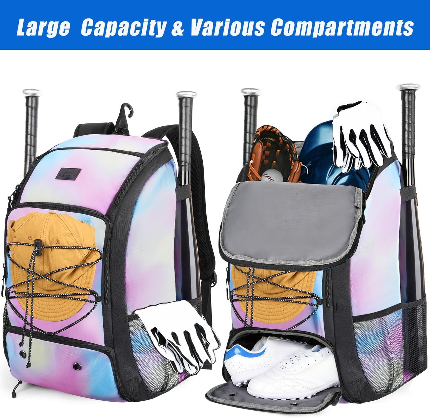 MATEIN Baseball Backpack, Softball Bat Bag with Shoes Compartment for Youth (Tie Dye)