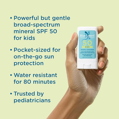 Blue Lizard Kids Mineral SPF 50 Sunscreen Stick, Zinc Oxide, 100% Mineral Actives, Developed for Kids’ Sensitive Skin..