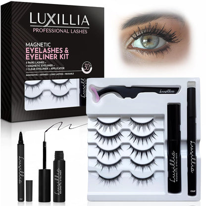 8-Piece Clear &amp; Black Magnetic Eyelashes with Applicator & Magnetic Eyeliner Kit – Reusable Natural Magnetic Lashes...