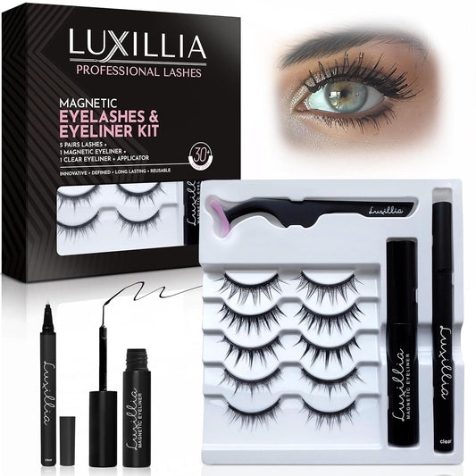 8-Piece Clear &amp; Black Magnetic Eyelashes with Applicator & Magnetic Eyeliner Kit – Reusable Natural Magnetic Lashes...