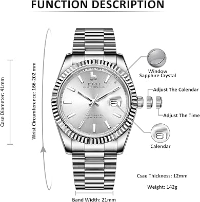 BUREI Mens Watches Luxury Stainless Steels Analog Business Fashion Waterproof Watches for Men,Gifts for Men