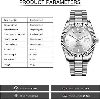 BUREI Mens Watches Luxury Stainless Steels Analog Business Fashion Waterproof Watches for Men,Gifts for Men