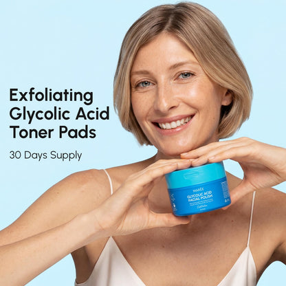 MAREE Glycolic Acid Pads - Toner Pads for Face Cleansing - Exfoliating Pad with Tea Tree Oil, Salicylic Acid & Vitamins E, B3, B5..