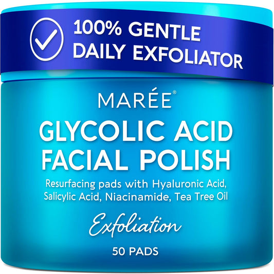 MAREE Glycolic Acid Pads - Toner Pads for Face Cleansing - Exfoliating Pad with Tea Tree Oil, Salicylic Acid & Vitamins E, B3, B5..