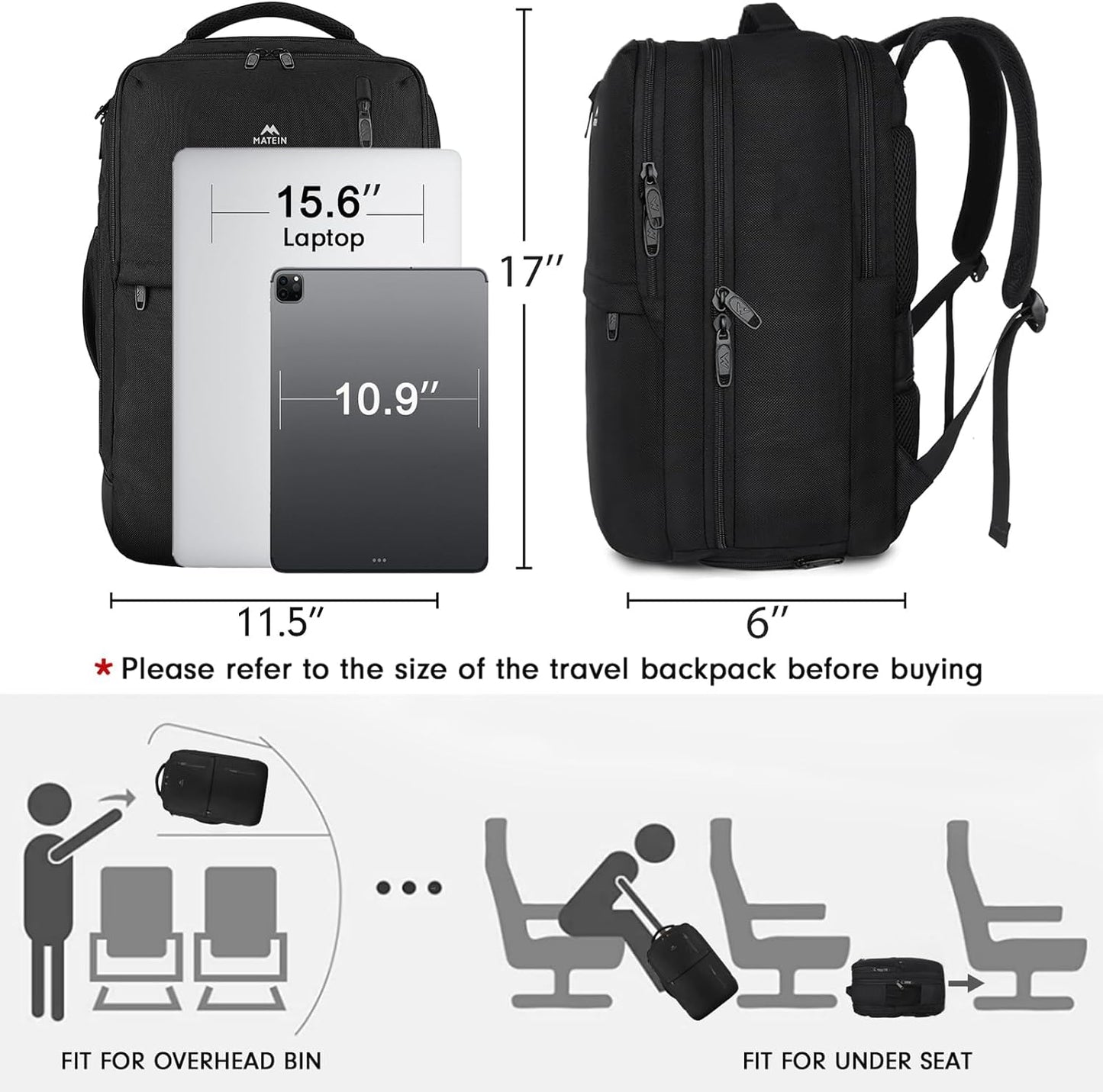 MATEIN Travel Laptop Backpack, Flight Approved Carry on Backpack, 15.6 inch Laptop,  Black