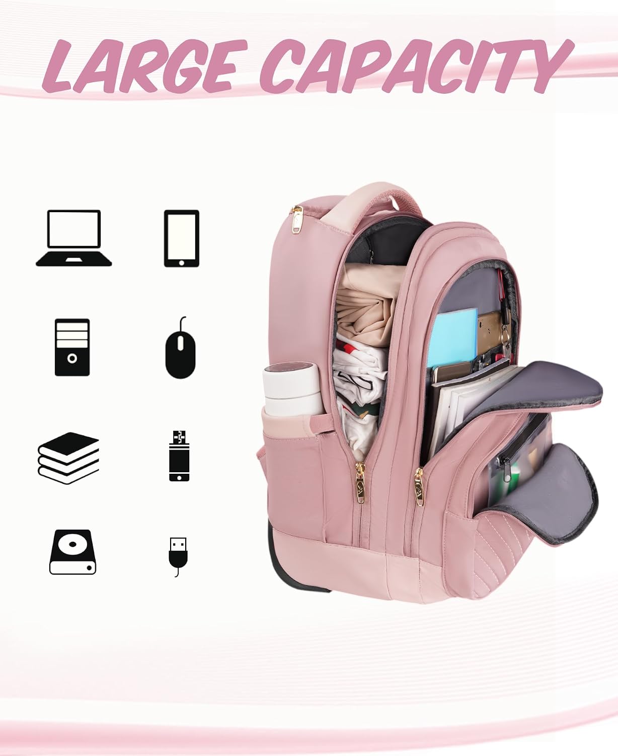MATEIN Rolling Bag for Women, 17 inch Wheeled Laptop Backpack
