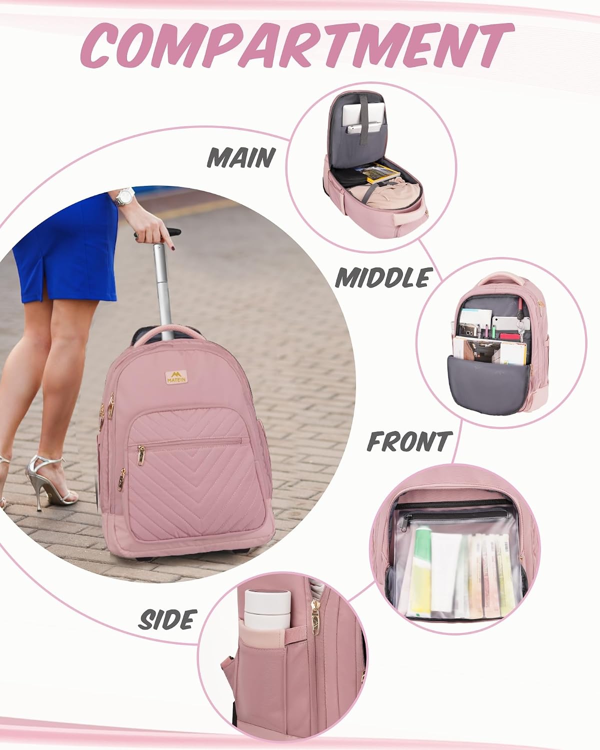 MATEIN Rolling Bag for Women, 17 inch Wheeled Laptop Backpack