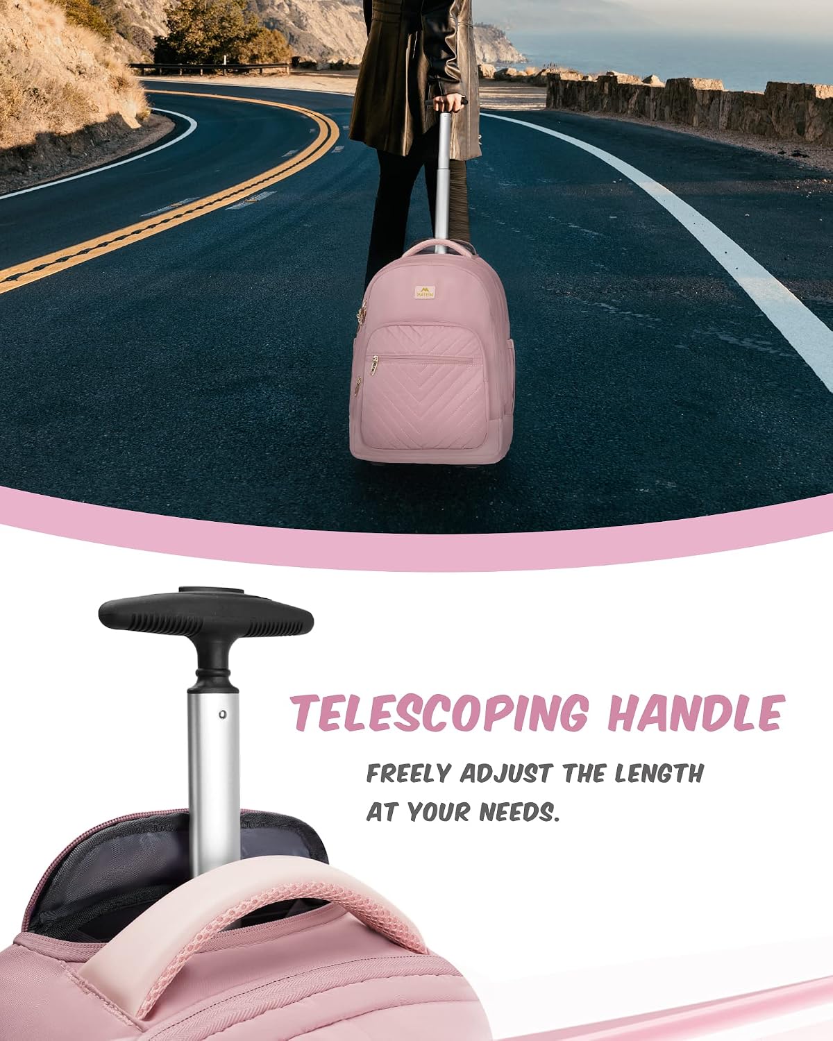 MATEIN Rolling Bag for Women, 17 inch Wheeled Laptop Backpack