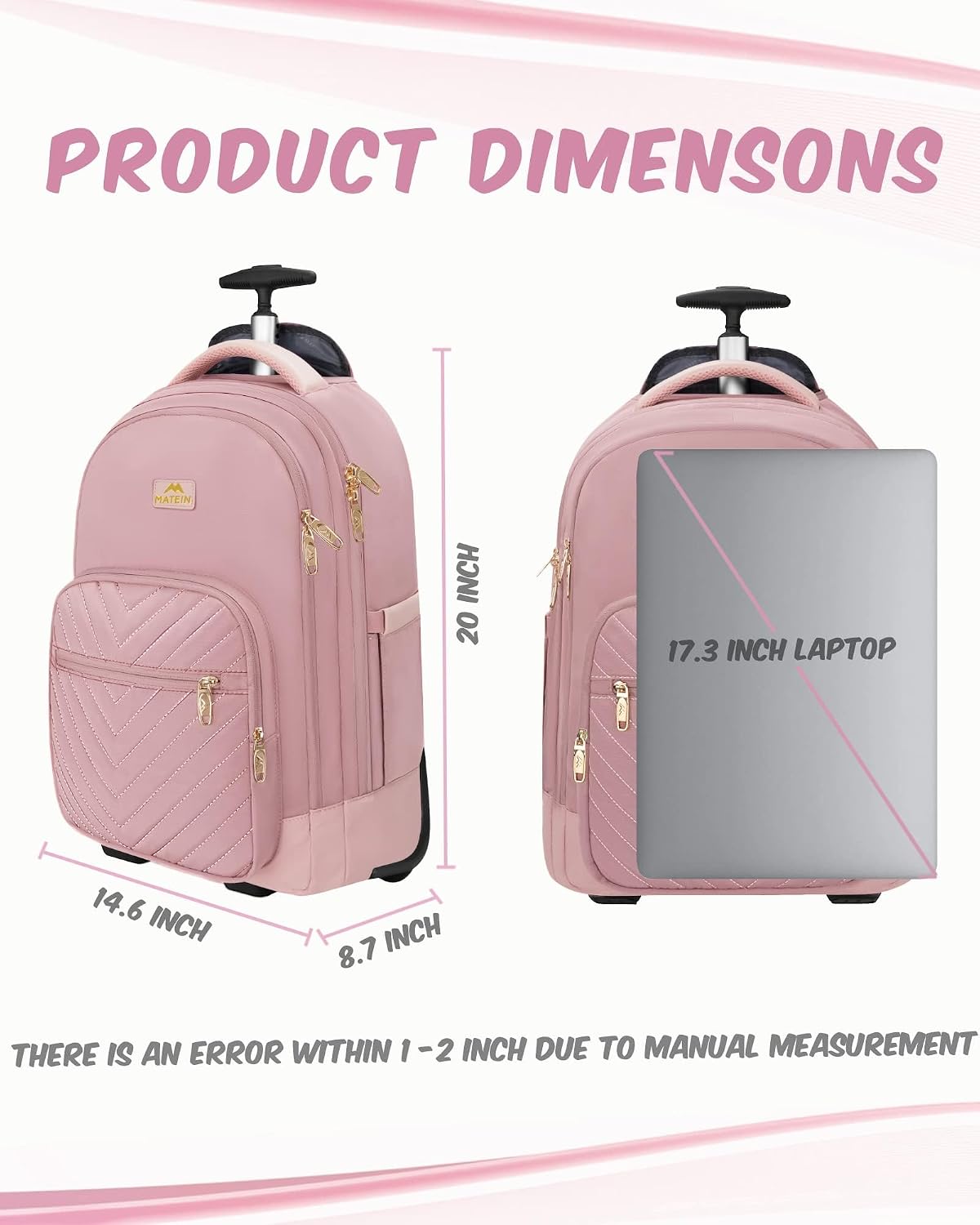 MATEIN Rolling Bag for Women, 17 inch Wheeled Laptop Backpack