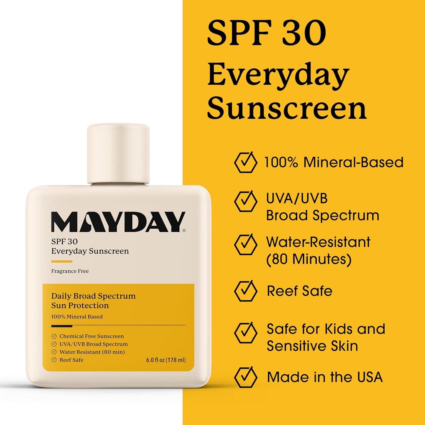 MAYDAY SPF 30 Everyday Sunscreen – Chemical-Free, Fragrance-Free, Water-Resistant Broad Spectrum Protection for Face & Body