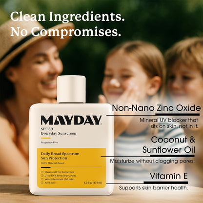 MAYDAY SPF 30 Everyday Sunscreen – Chemical-Free, Fragrance-Free, Water-Resistant Broad Spectrum Protection for Face & Body