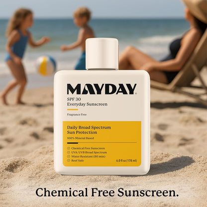 MAYDAY SPF 30 Everyday Sunscreen – Chemical-Free, Fragrance-Free, Water-Resistant Broad Spectrum Protection for Face & Body