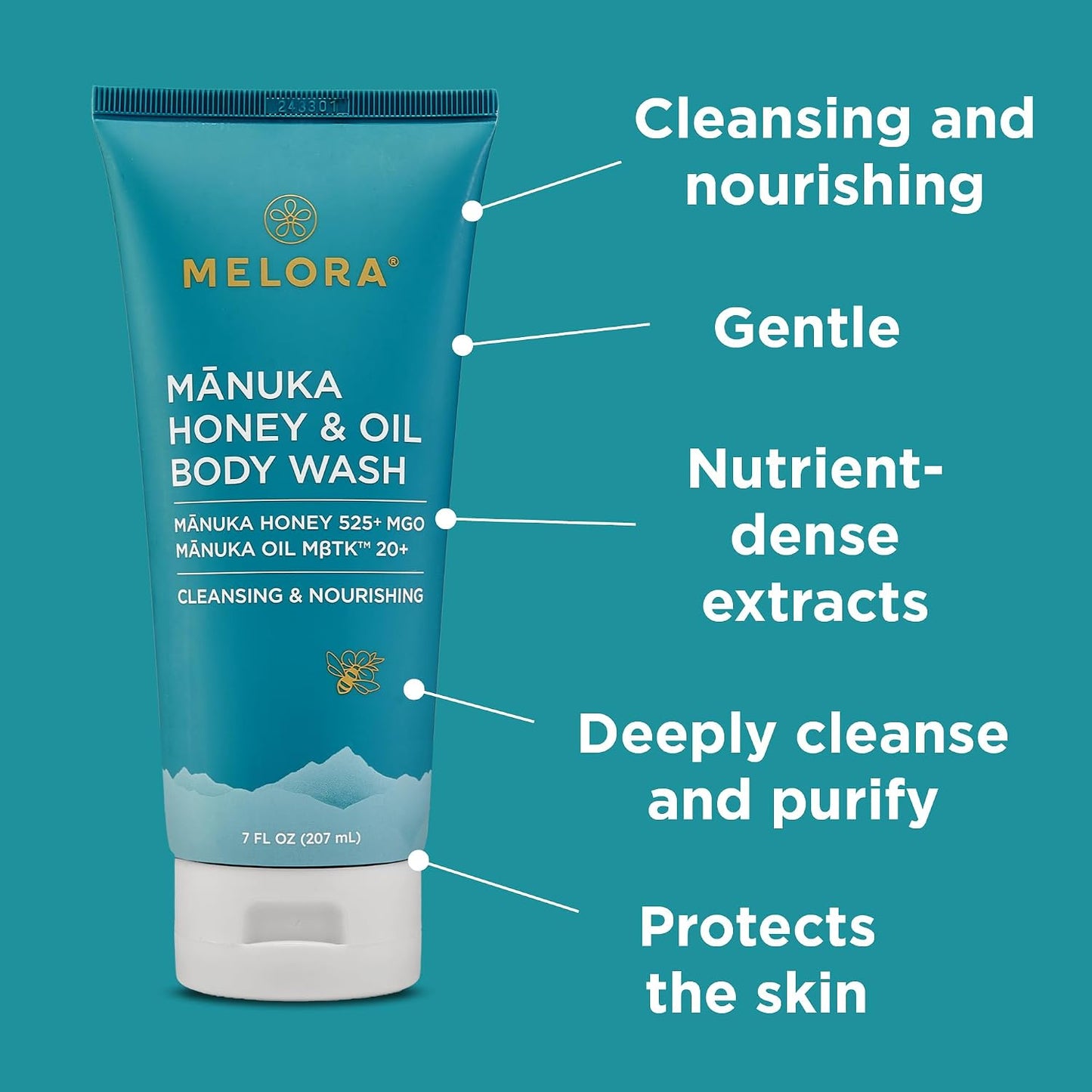 MELORA Manuka Honey Body Wash (7 Oz) - Moisturizing Skin Care Body Soap with Manuka Honey & Oil for Acne, Dry, or Sensitive Skin..