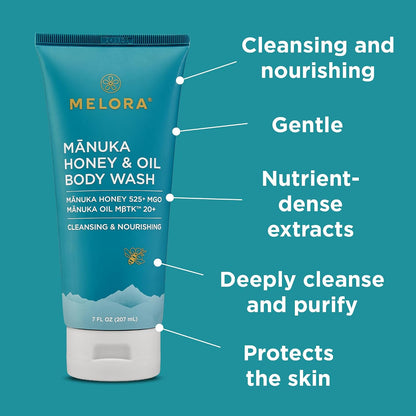 MELORA Manuka Honey Body Wash (7 Oz) - Moisturizing Skin Care Body Soap with Manuka Honey & Oil for Acne, Dry, or Sensitive Skin..