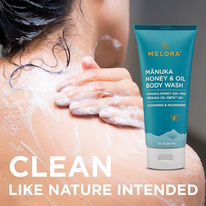 MELORA Manuka Honey Body Wash (7 Oz) - Moisturizing Skin Care Body Soap with Manuka Honey & Oil for Acne, Dry, or Sensitive Skin..