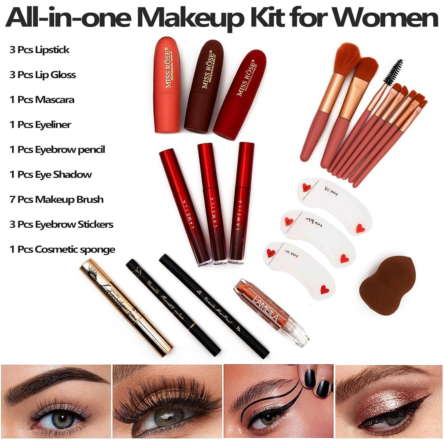 MISS ROSE M 187 Colors Professional Makeup Palette - All-in-One Kit With Eye Shadows, Lipsticks, Mascara, Foundations, Blushes, Brow Pencils, Nail File..