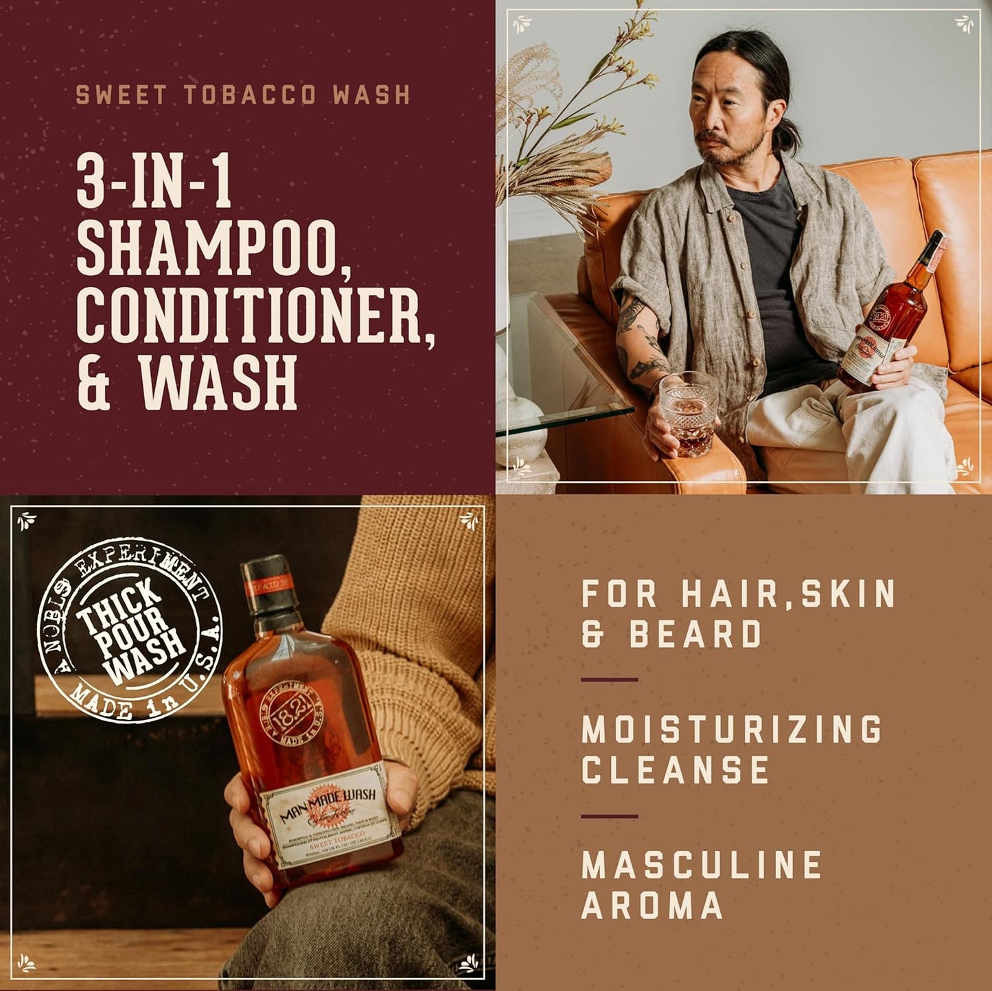 18.21 Man Made 3-in-1 Body Wash, Shampoo, &amp; Conditioner for Men, All Hair & Skin Types, Strengthens and Moisturizes..