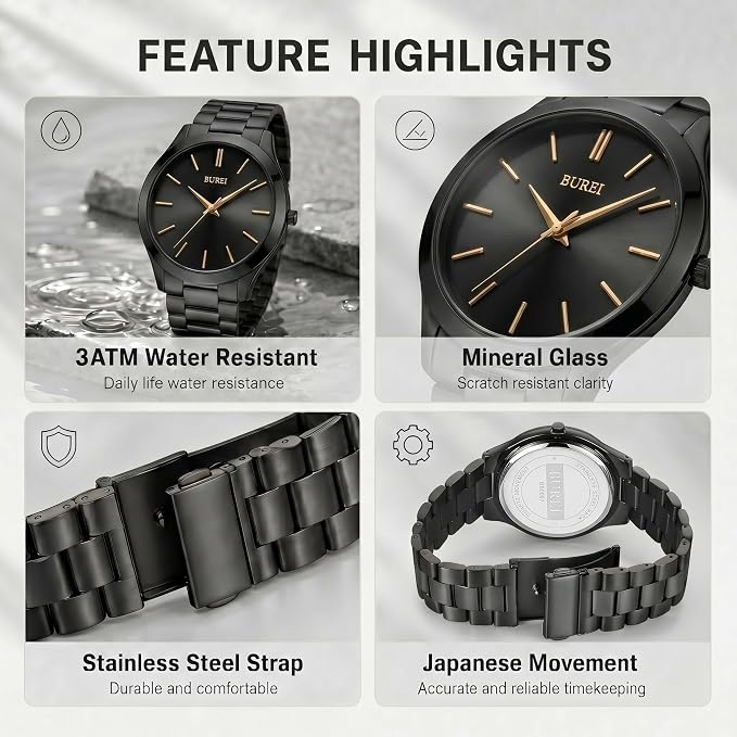 BUREI Men's Wrist Watch, Analog Stainless Steel Dress Waterproof Quartz Watch