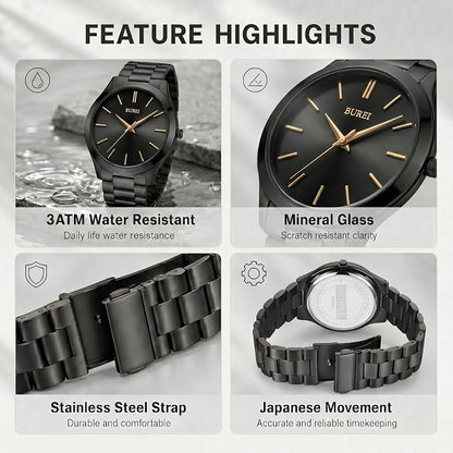 BUREI Men's Wrist Watch, Analog Stainless Steel Dress Waterproof Quartz Watch