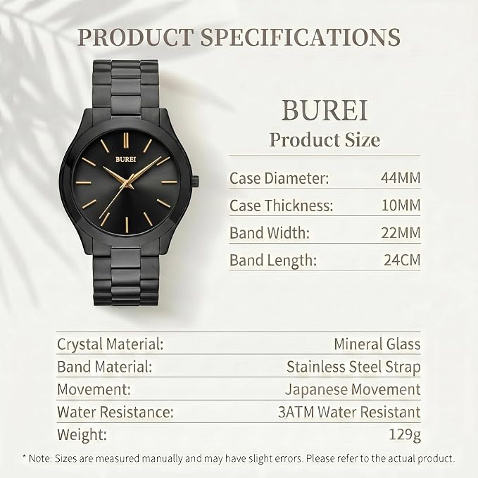 BUREI Men's Wrist Watch, Analog Stainless Steel Dress Waterproof Quartz Watch