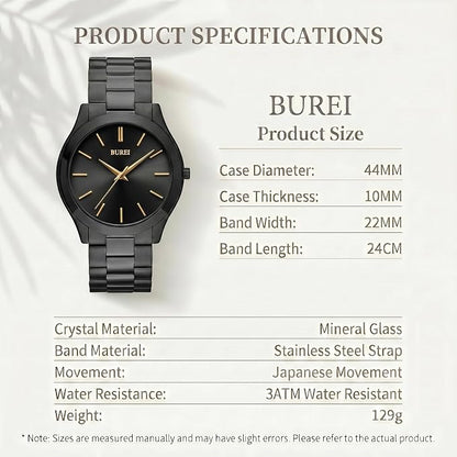 BUREI Men's Wrist Watch, Analog Stainless Steel Dress Waterproof Quartz Watch