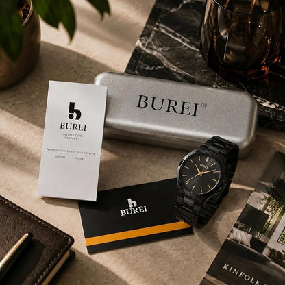 BUREI Men's Wrist Watch, Analog Stainless Steel Dress Waterproof Quartz Watch
