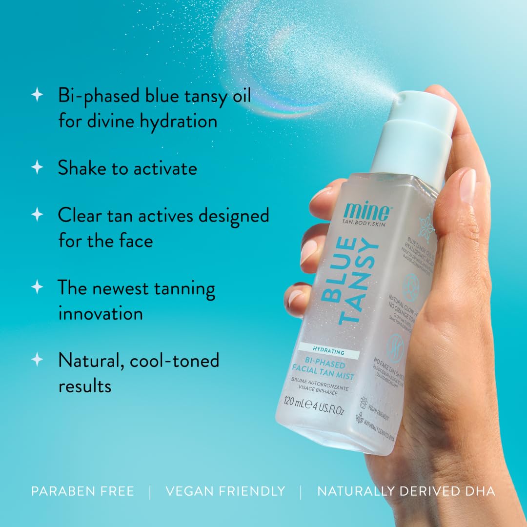 Minetan Clear Face Tan Mist | Blue Tansy Oil Infused Facial Self Tanning Spray - Gradual Fake Tanner with Hydrating Skin Care..