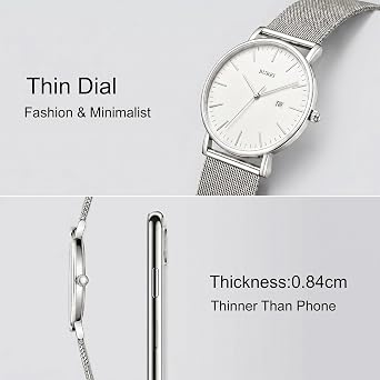 Men Wrist Watches Fashion Minimalist Thin Analog Quartz Waterproof Watches (Silver)