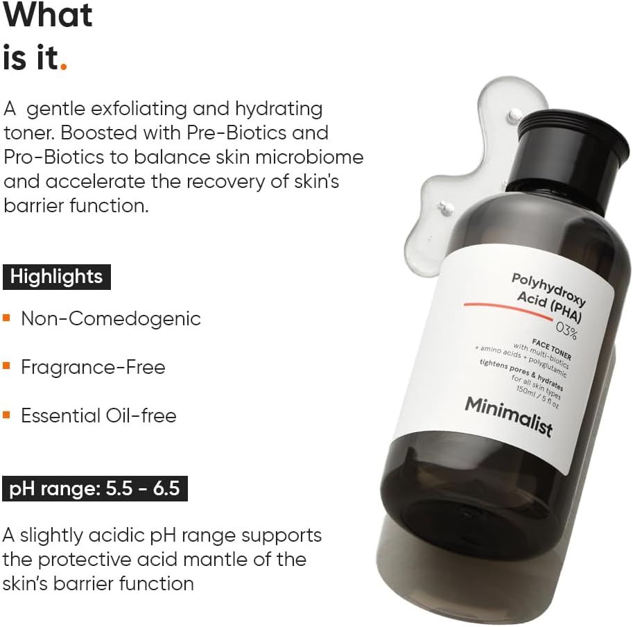 Minimalist Hydrating Toner for Face | 3% PHA Facial Toner for Pore Tightening | Mild Exfoliation..