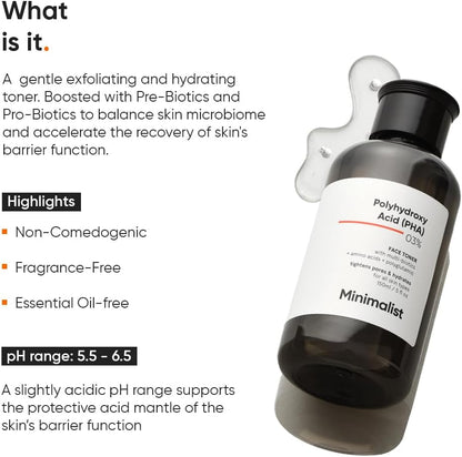 Minimalist Hydrating Toner for Face | 3% PHA Facial Toner for Pore Tightening | Mild Exfoliation..