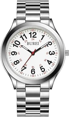 BUREI Men's Wrist Watch, Analog Stainless Steel Dress Waterproof Quartz Watch (White-Silver)