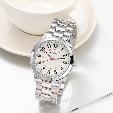 BUREI Men's Wrist Watch, Analog Stainless Steel Dress Waterproof Quartz Watch (White-Silver)