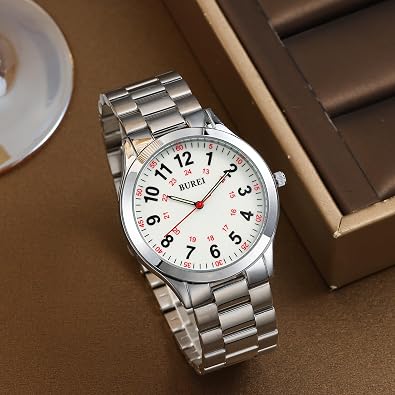 BUREI Men's Wrist Watch, Analog Stainless Steel Dress Waterproof Quartz Watch (White-Silver)