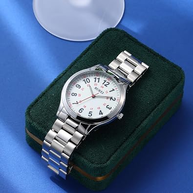 BUREI Men's Wrist Watch, Analog Stainless Steel Dress Waterproof Quartz Watch (White-Silver)