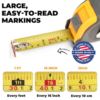 MulWark 25ft Metric Tape Measure, Measuring Tape Retractable, Easy Read Measurement Tape..