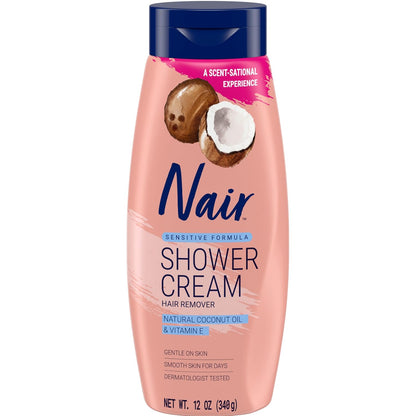 Nair Sensitive Shower Cream Hair Remover with Natural Coconut Oil and Vitamin E, Body Hair Removal Cream..
