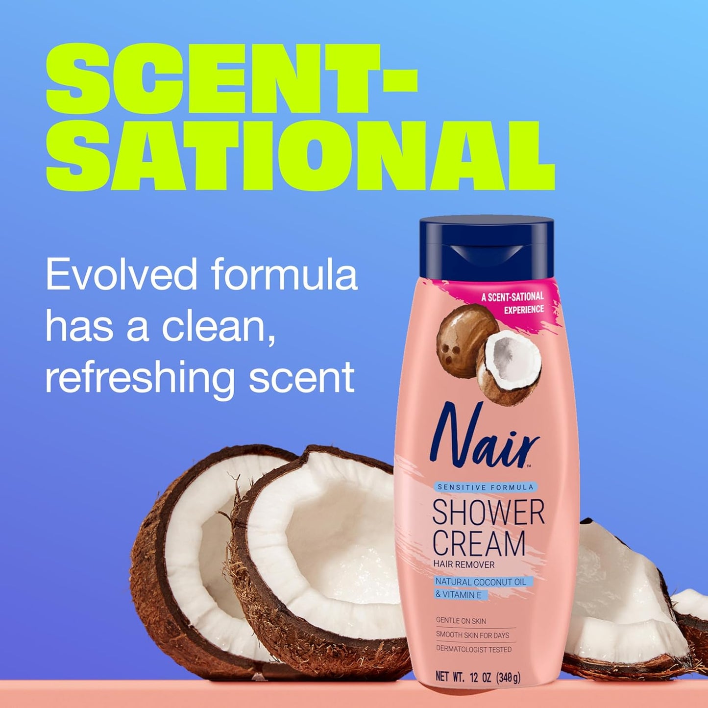 Nair Sensitive Shower Cream Hair Remover with Natural Coconut Oil and Vitamin E, Body Hair Removal Cream..