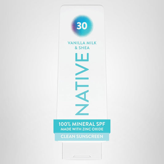 Native Mineral Sunscreen Lotion SPF 30, Vanilla Milk &amp; Shea Scent, with 100% Mineral Zinc Oxide for Face & Body..