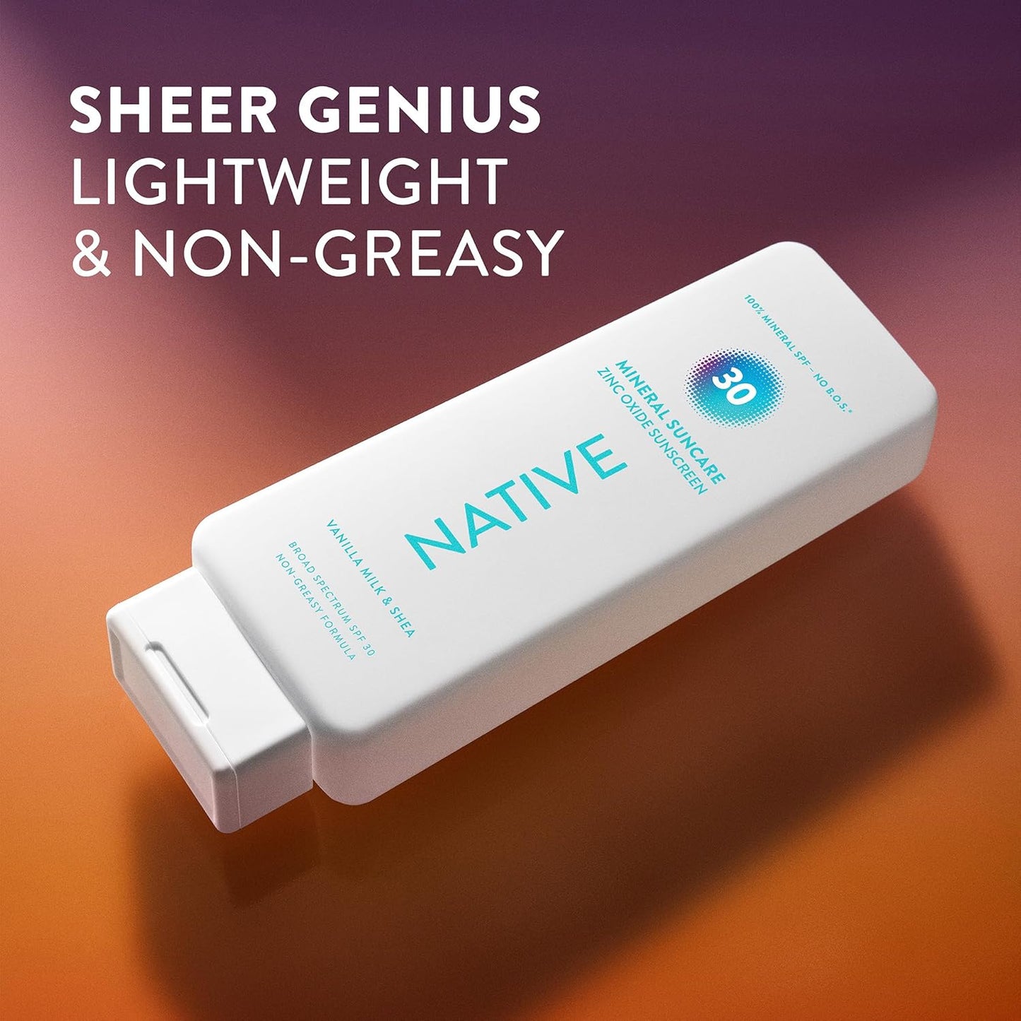 Native Mineral Sunscreen Lotion SPF 30, Vanilla Milk &amp; Shea Scent, with 100% Mineral Zinc Oxide for Face & Body..