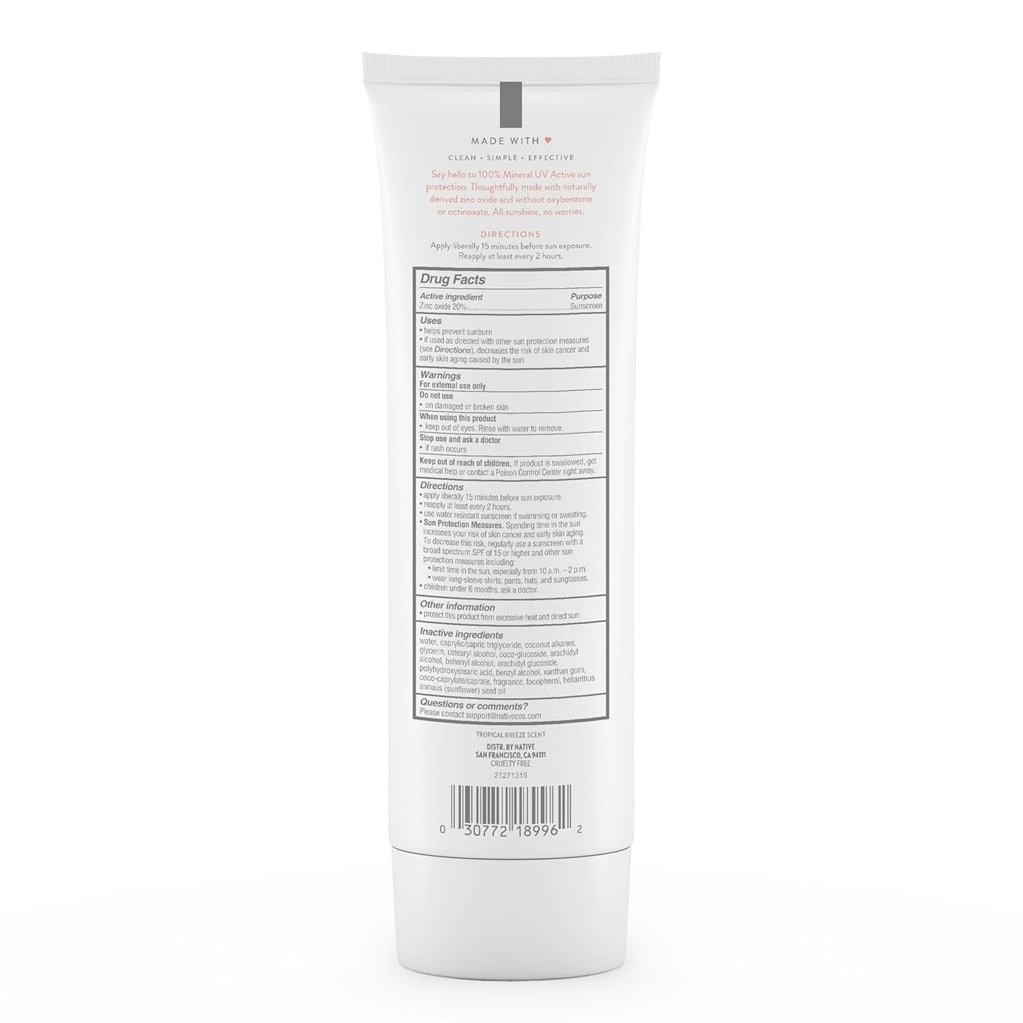 Native Sunscreen SPF 30, Zinc Oxide Dermatologist Tested Suitable for Sensitive Skin &amp; Hawaii Compliant, 5 Ounces..
