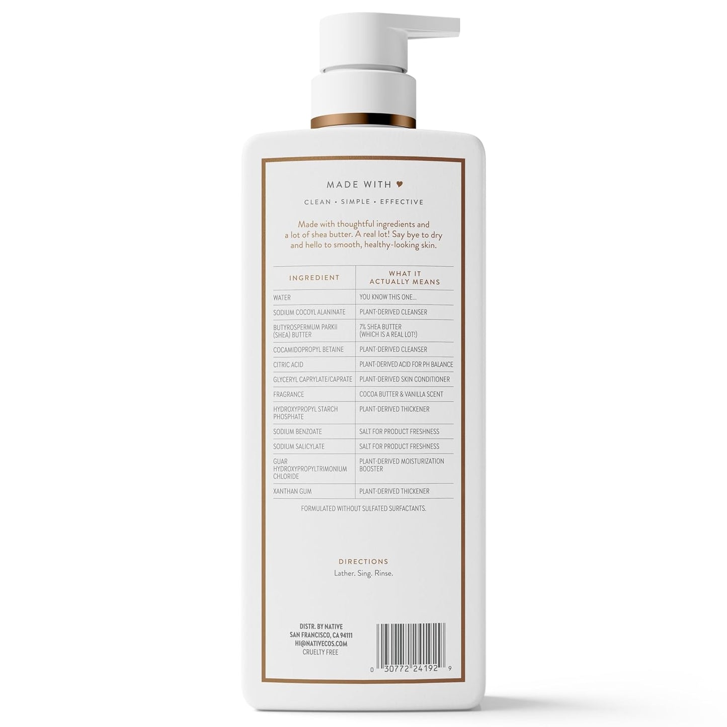 Native Cocoa Butter &amp; Vanilla Scent 24-Hour Moisturizing Bodywash for Women &amp; Men, Clean & Gentle, for Dry or Sensitive Skin..