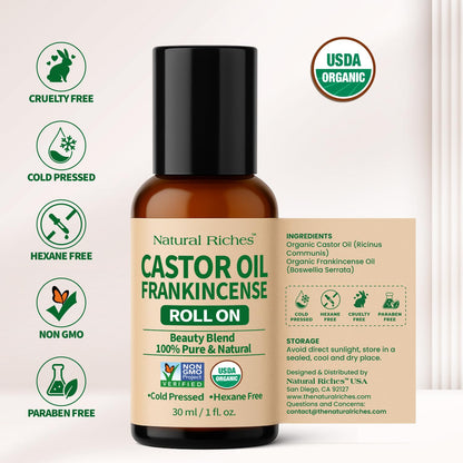 Natural Riches Organic Castor Oil and Frankincense Eye Roller 30 ml - Lightweight Roll On for Under Eye Puffiness..