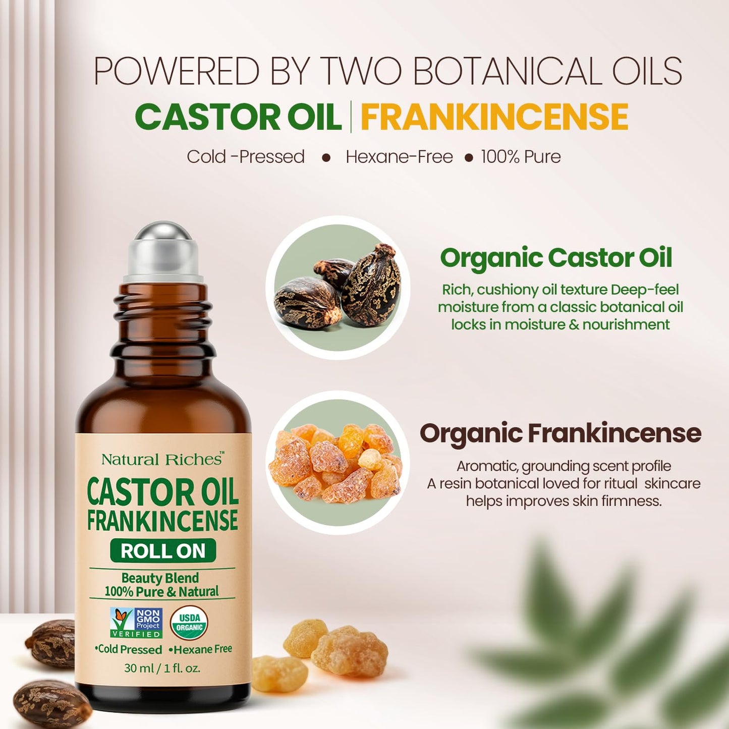 Natural Riches Organic Castor Oil and Frankincense Eye Roller 30 ml - Lightweight Roll On for Under Eye Puffiness..