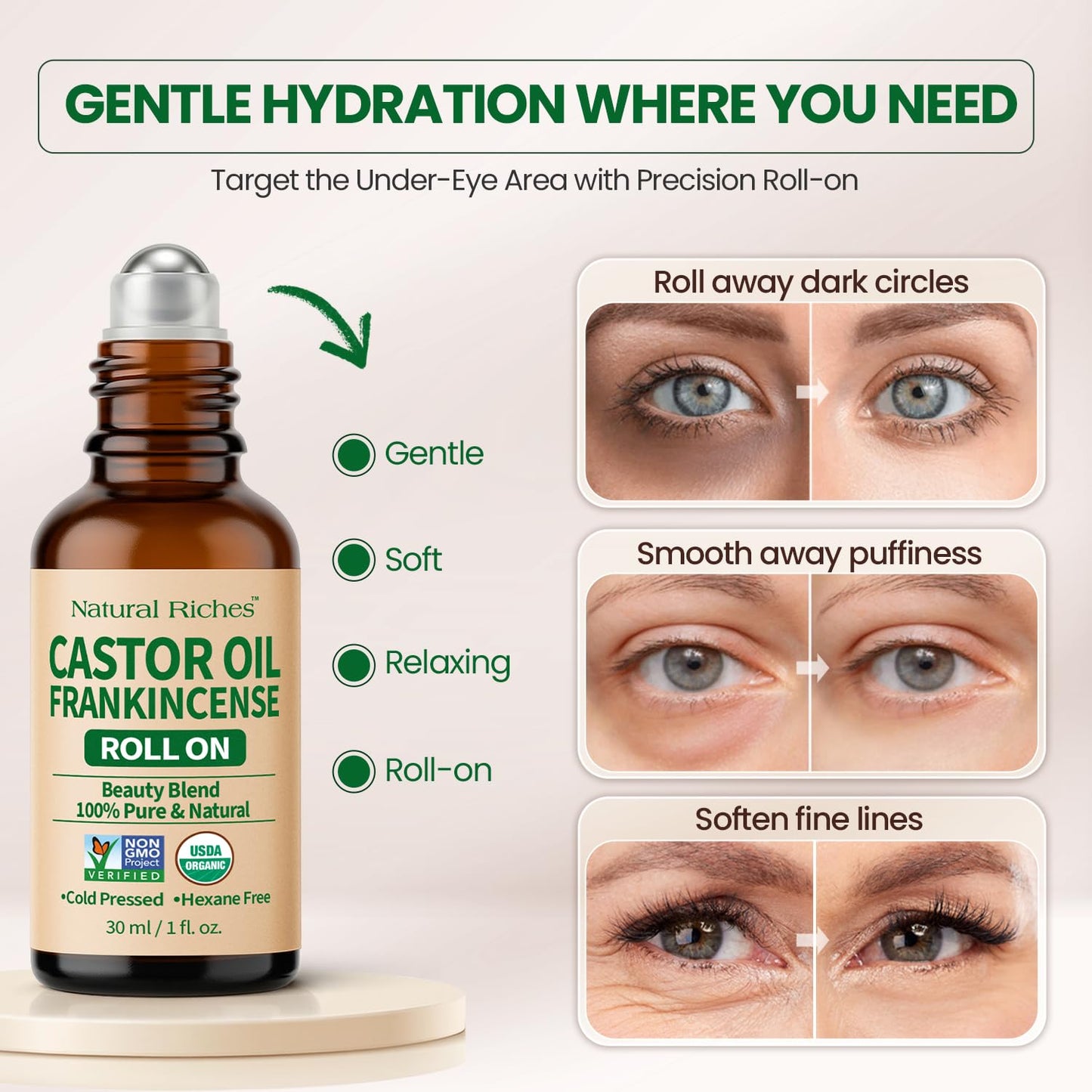 Natural Riches Organic Castor Oil and Frankincense Eye Roller 30 ml - Lightweight Roll On for Under Eye Puffiness..