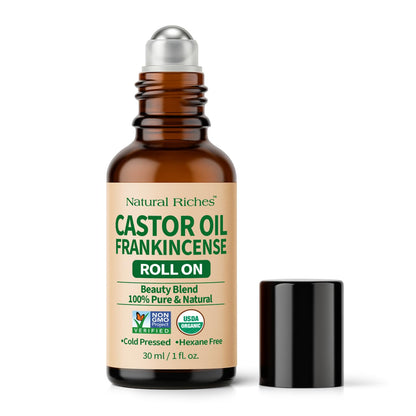 Natural Riches Organic Castor Oil and Frankincense Eye Roller 30 ml - Lightweight Roll On for Under Eye Puffiness..
